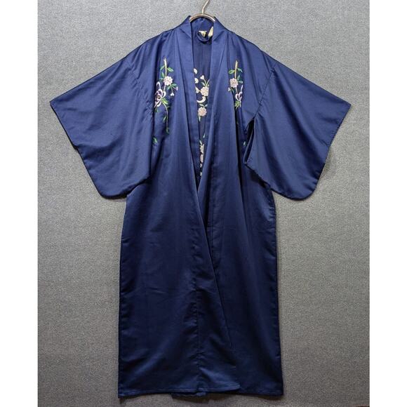 Smithsonian Institution Kimono Womens Small Embroidered Navy Robe Floral Belt - Picture 2 of 11